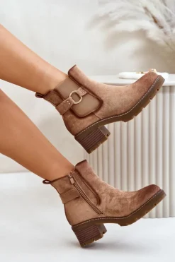 Outlet Boto Damskie Ocieplane Botki Sztyblety Na Obcasie Ze Złotym Detalem Eko Zamszowe Jasnobrązowe Mailta