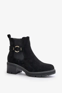 Boto Botki Na Słupku|Botki Zimowe Damskie*Damskie Ocieplane Botki Sztyblety Na Obcasie Ze Złotym Detalem Eko Zamszowe Czarne Mailta