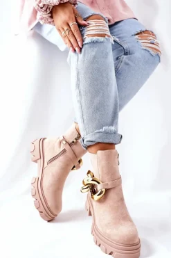 Damskie Damskie buty S.Barski Damskie Ocieplane Botki Sztyblety Beżowe Visione