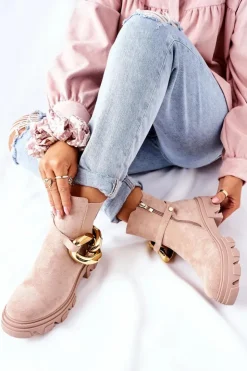 Damskie Damskie buty S.Barski Damskie Ocieplane Botki Sztyblety Beżowe Visione