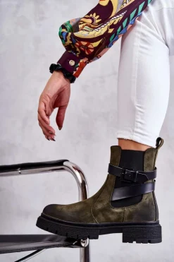 Damskie Boto Damskie Ocieplane Botki Sztyblety Z Paskiem Zielone Jose