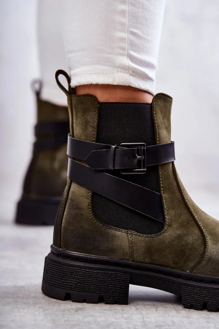 Damskie Boto Damskie Ocieplane Botki Sztyblety Z Paskiem Zielone Jose