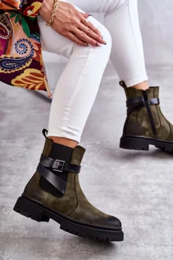 Damskie Boto Damskie Ocieplane Botki Sztyblety Z Paskiem Zielone Jose