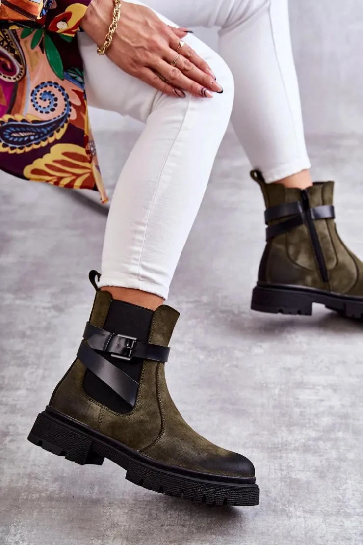 Damskie Boto Damskie Ocieplane Botki Sztyblety Z Paskiem Zielone Jose