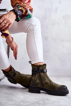 Damskie Boto Damskie Ocieplane Botki Sztyblety Z Paskiem Zielone Jose