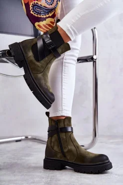 Damskie Boto Damskie Ocieplane Botki Sztyblety Z Paskiem Zielone Jose
