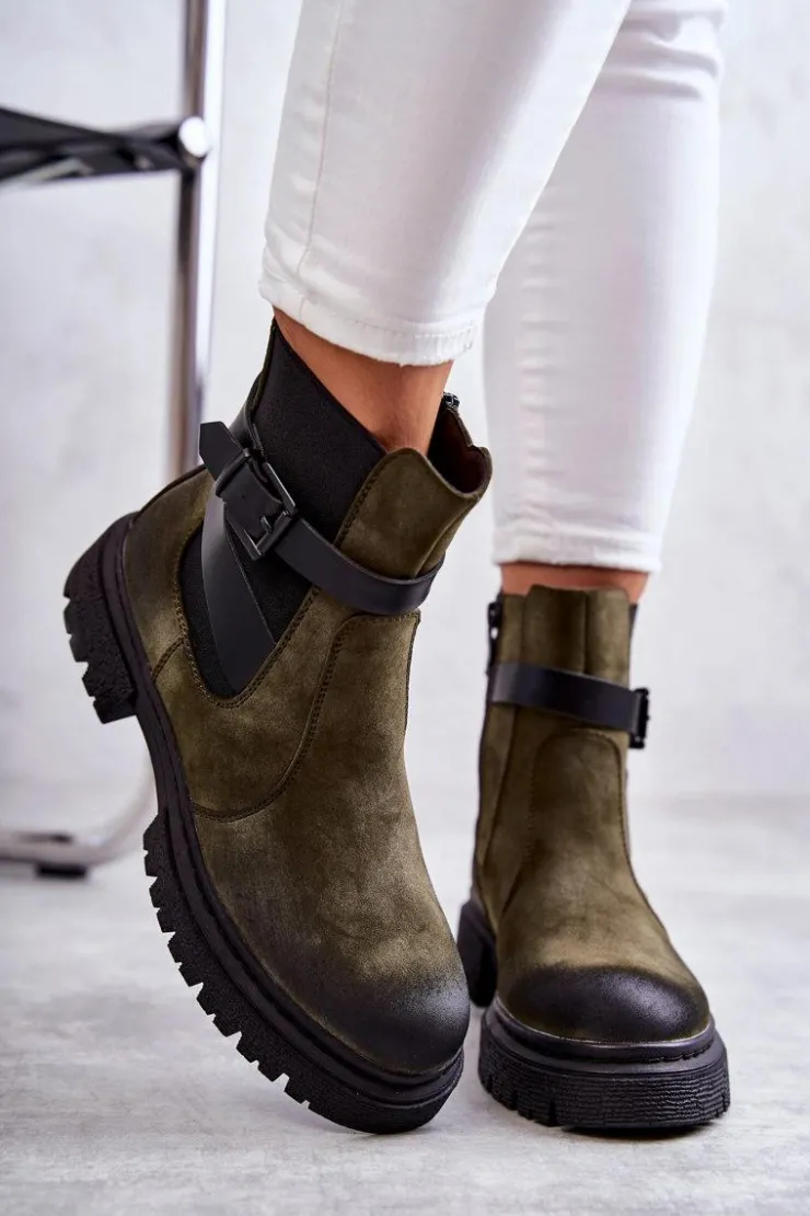 Damskie Boto Damskie Ocieplane Botki Sztyblety Z Paskiem Zielone Jose