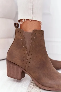 Boto Damskie Ocieplane Botki Sztyblety Na Słupku Khaki Morgan