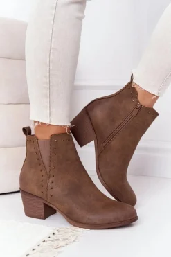 Boto Damskie Ocieplane Botki Sztyblety Na Słupku Khaki Morgan