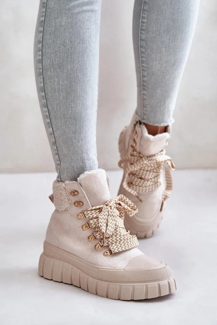 Damskie Evento Damskie Ocieplane Botki Trapery Na Platformie Beżowe Alcyhen