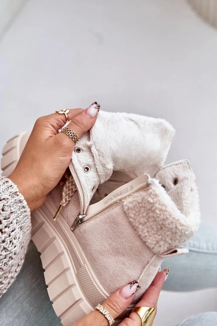 Damskie Evento Damskie Ocieplane Botki Trapery Na Platformie Beżowe Alcyhen