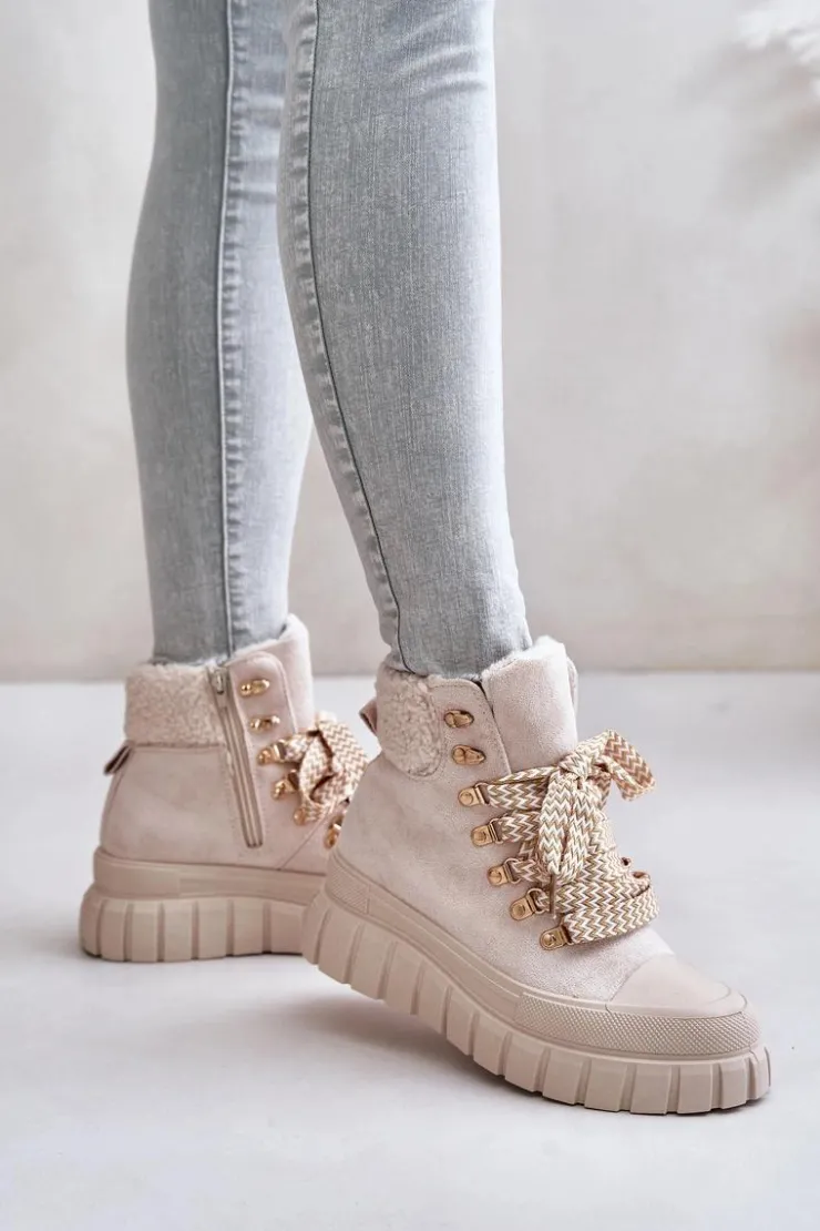 Damskie Evento Damskie Ocieplane Botki Trapery Na Platformie Beżowe Alcyhen