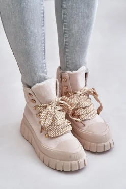 Damskie Evento Damskie Ocieplane Botki Trapery Na Platformie Beżowe Alcyhen