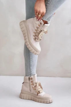 Damskie Evento Damskie Ocieplane Botki Trapery Na Platformie Beżowe Alcyhen