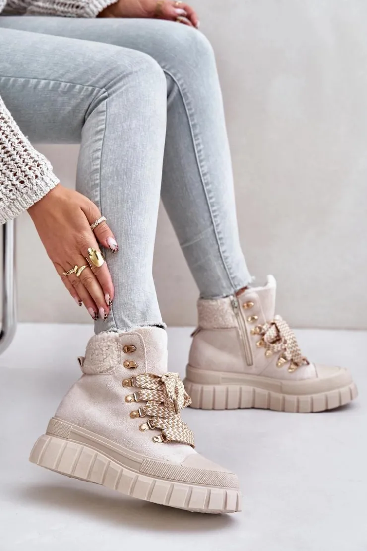 Damskie Evento Damskie Ocieplane Botki Trapery Na Platformie Beżowe Alcyhen