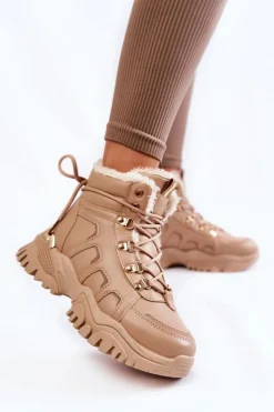 Damskie Evento Damskie Ocieplane Botki Trapery Na Platformie Beżowe Ofelia