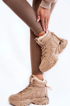 Damskie Evento Damskie Ocieplane Botki Trapery Na Platformie Beżowe Ofelia