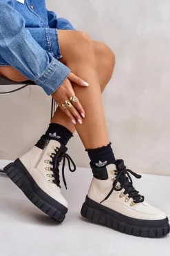 Evento Damskie Trapery|Botki Sznurowane*Damskie Ocieplane Botki Trapery Na Platformie Beżowe Jelenia