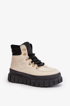 Evento Damskie Trapery|Botki Sznurowane*Damskie Ocieplane Botki Trapery Na Platformie Beżowe Jelenia
