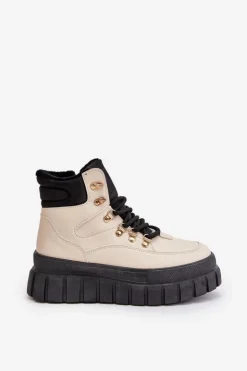 Evento Damskie Trapery|Botki Sznurowane*Damskie Ocieplane Botki Trapery Na Platformie Beżowe Jelenia