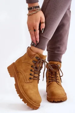 Damskie Boto Damskie Ocieplane Botki Trapery Sznurowane Camel Halfway