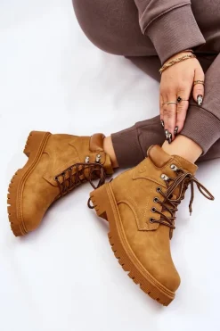 Damskie Boto Damskie Ocieplane Botki Trapery Sznurowane Camel Halfway