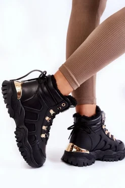 Evento Damskie Trapery|Botki Sznurowane*Damskie Ocieplane Botki Trapery Na Platformie Czarne Ofelia