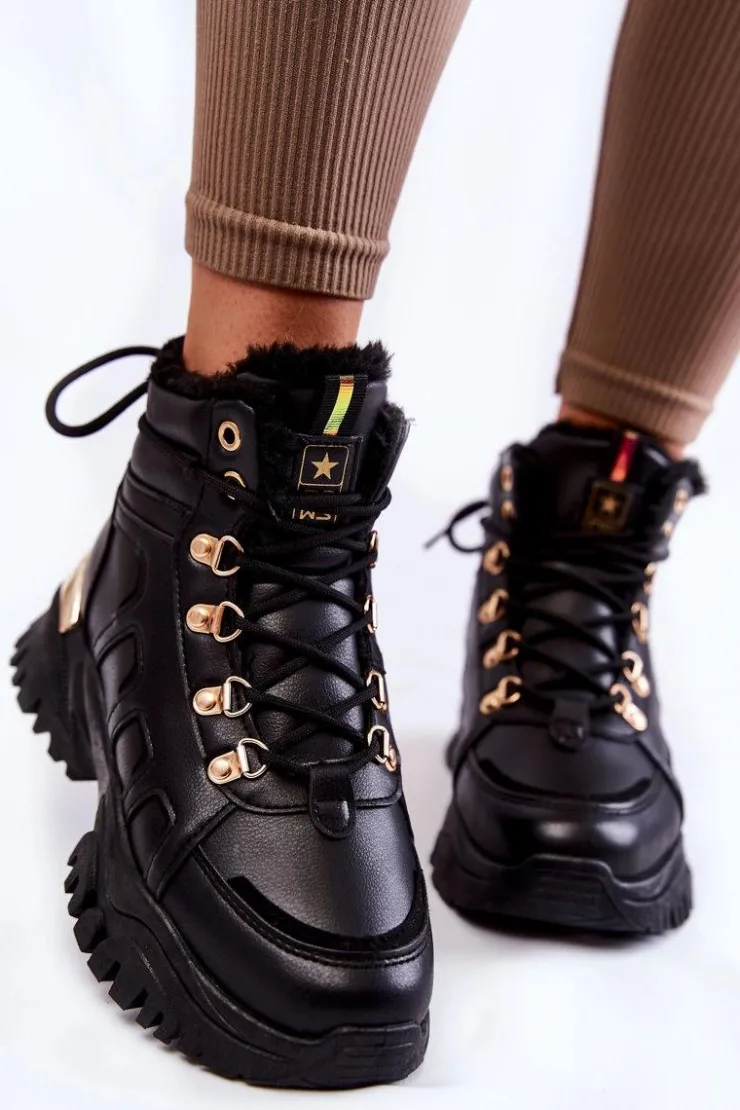 Evento Damskie Trapery|Botki Sznurowane*Damskie Ocieplane Botki Trapery Na Platformie Czarne Ofelia