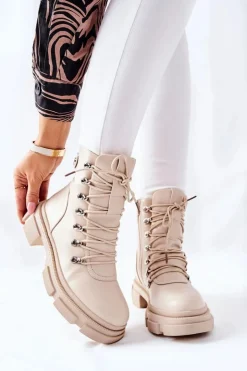 Damskie Boto Damskie Ocieplane Botki Trapery Beżowe Perfect
