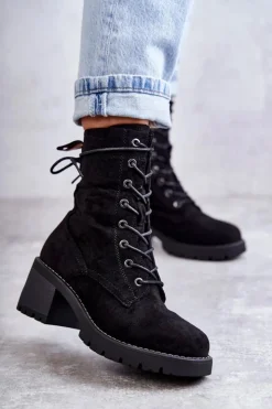 Damskie Boto Damskie Ocieplane Botki Trapery Na Obcasie Czarne Julieta