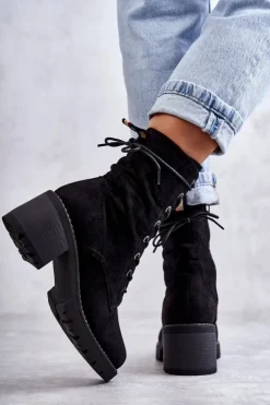 Damskie Boto Damskie Ocieplane Botki Trapery Na Obcasie Czarne Julieta