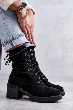 Damskie Boto Damskie Ocieplane Botki Trapery Na Obcasie Czarne Julieta