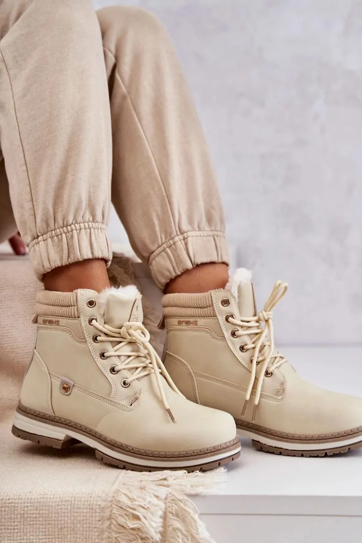 Evento Damskie Trapery|Botki Sznurowane*Damskie Ocieplane Botki Trapery Beżowe Liv