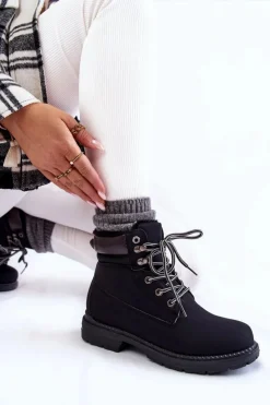 Damskie Boto Damskie Ocieplane Botki Trapery Czarne Lonne