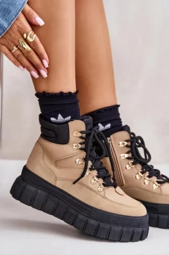 Evento Botki Ocieplane|Damskie Trapery*Damskie Ocieplane Botki Trapery Na Platformie Brązowe Jelenia Brązowy