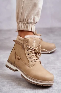 Evento Damskie Trapery|Botki Sznurowane*Damskie Ocieplane Botki Trapery Ciemny Beż Liv