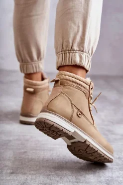 Evento Damskie Trapery|Botki Sznurowane*Damskie Ocieplane Botki Trapery Ciemny Beż Liv