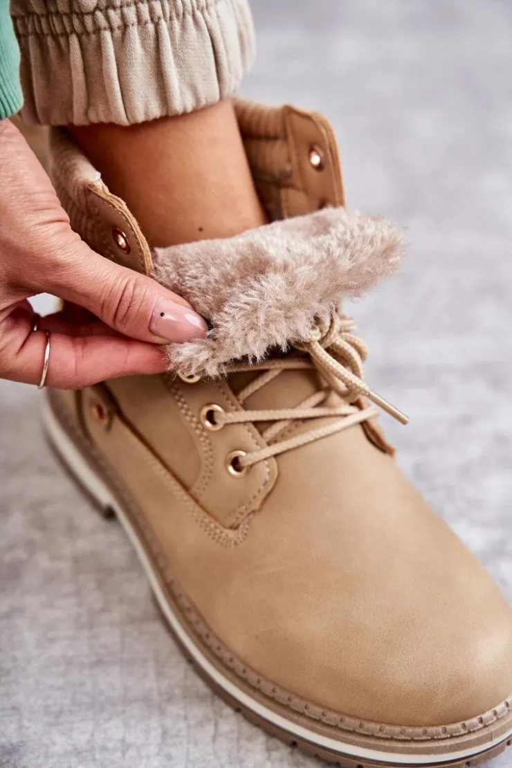 Evento Damskie Trapery|Botki Sznurowane*Damskie Ocieplane Botki Trapery Ciemny Beż Liv