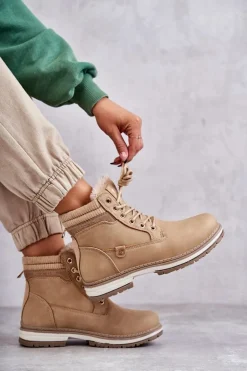 Evento Damskie Trapery|Botki Sznurowane*Damskie Ocieplane Botki Trapery Ciemny Beż Liv