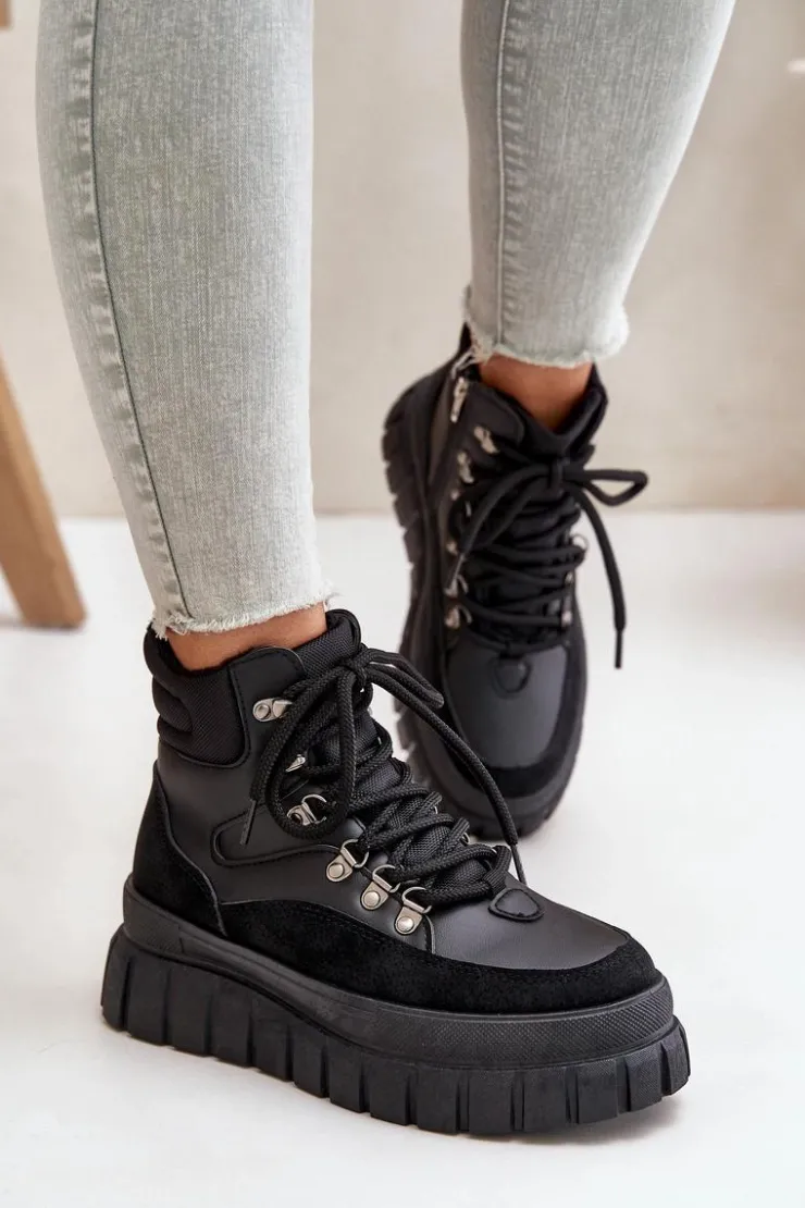 New Evento Damskie Ocieplane Botki Trapery Na Platformie Czarne Jelenia