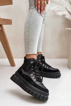 New Evento Damskie Ocieplane Botki Trapery Na Platformie Czarne Jelenia