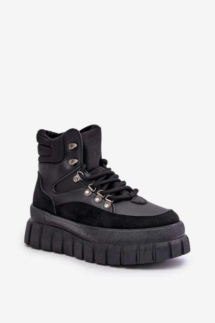 New Evento Damskie Ocieplane Botki Trapery Na Platformie Czarne Jelenia