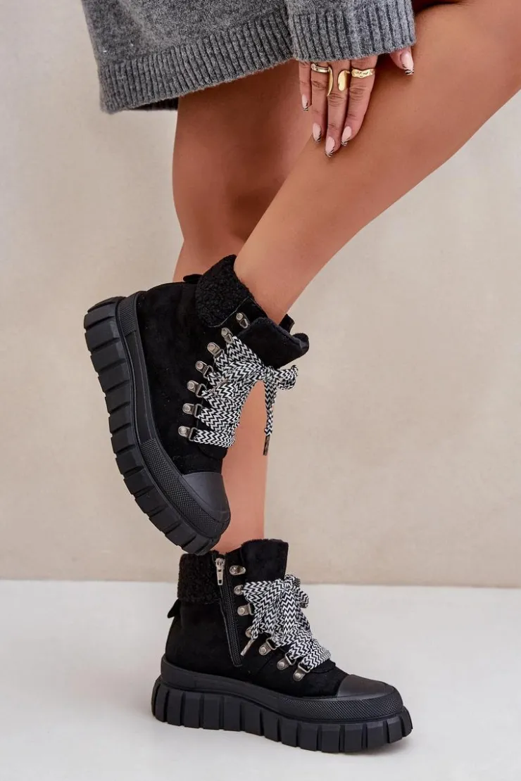 Damskie Evento Damskie Ocieplane Botki Trapery Na Platformie Czarne Alcyhen