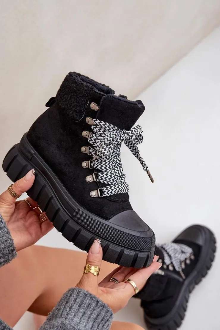 Damskie Evento Damskie Ocieplane Botki Trapery Na Platformie Czarne Alcyhen