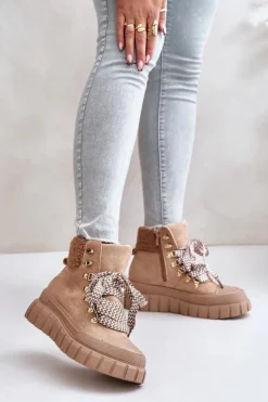 Damskie Evento Damskie Ocieplane Botki Trapery Na Platformie Brązowe Alcyhen