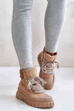 Damskie Evento Damskie Ocieplane Botki Trapery Na Platformie Brązowe Alcyhen