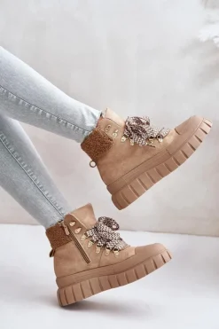 Damskie Evento Damskie Ocieplane Botki Trapery Na Platformie Brązowe Alcyhen