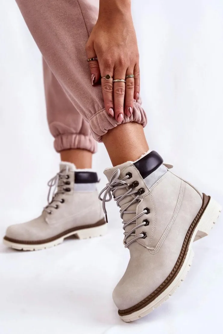 Boto Damskie Trapery|Botki Sznurowane*Damskie Ocieplane Botki Trapery Jasnoszare Lonne