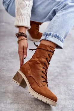 Discount Boto Damskie Ocieplane Botki Trapery Na Obcasie Camel Julieta Brązowy