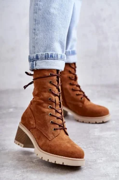 Discount Boto Damskie Ocieplane Botki Trapery Na Obcasie Camel Julieta Brązowy